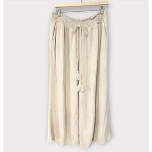 Unbranded Womens Linen Pants Wide Leg Oatmeal Color Drawstring Stretch Size 2XL